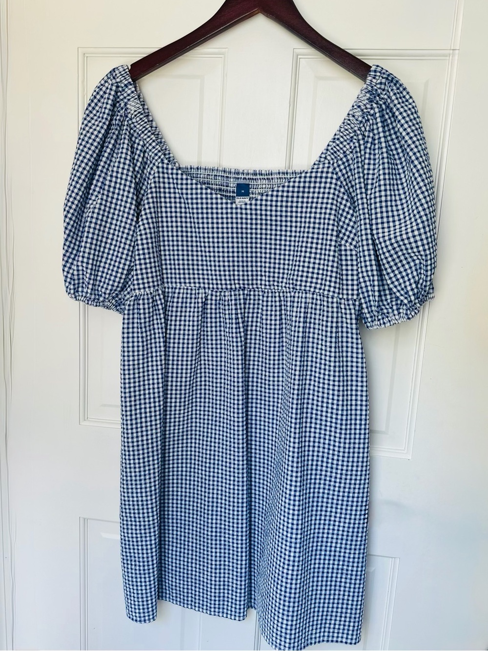 Old Navy Blue White Gingham Midi Dress Women’s Medium Puff Sleeve